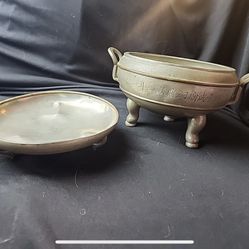 Pair Of Antique Chinese Pewter Covered Serving Dishes 2 Pieces Footed SIGNED