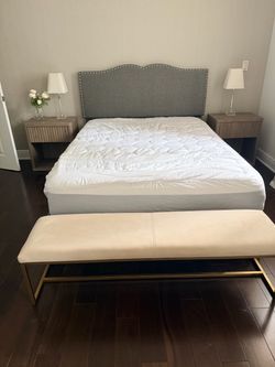 $200 Gray Upholstered Queen Bed Frame  and Matress