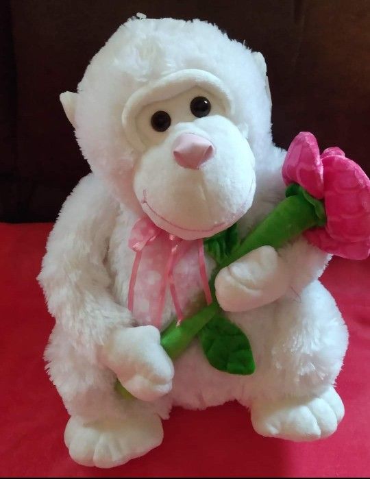 Stuffed Animal Plush Monkey White Holding A Rose Valentines Day Gift😍