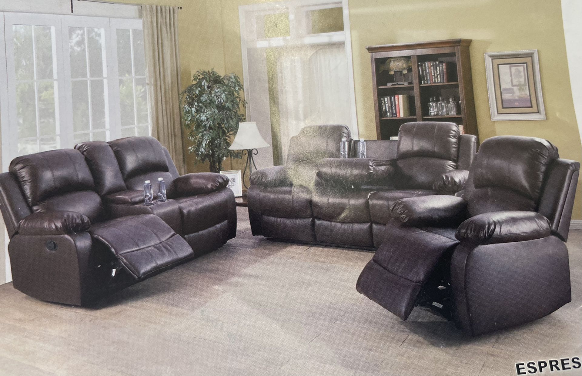 Brown Leather Three Piece Fully Reclining Theatre Style Couch Set