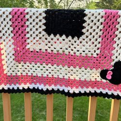 MOUSE pink BLACK BOW HandMADE crocheT baby blanket/lap afghan--NEW- SHOWER GIFT