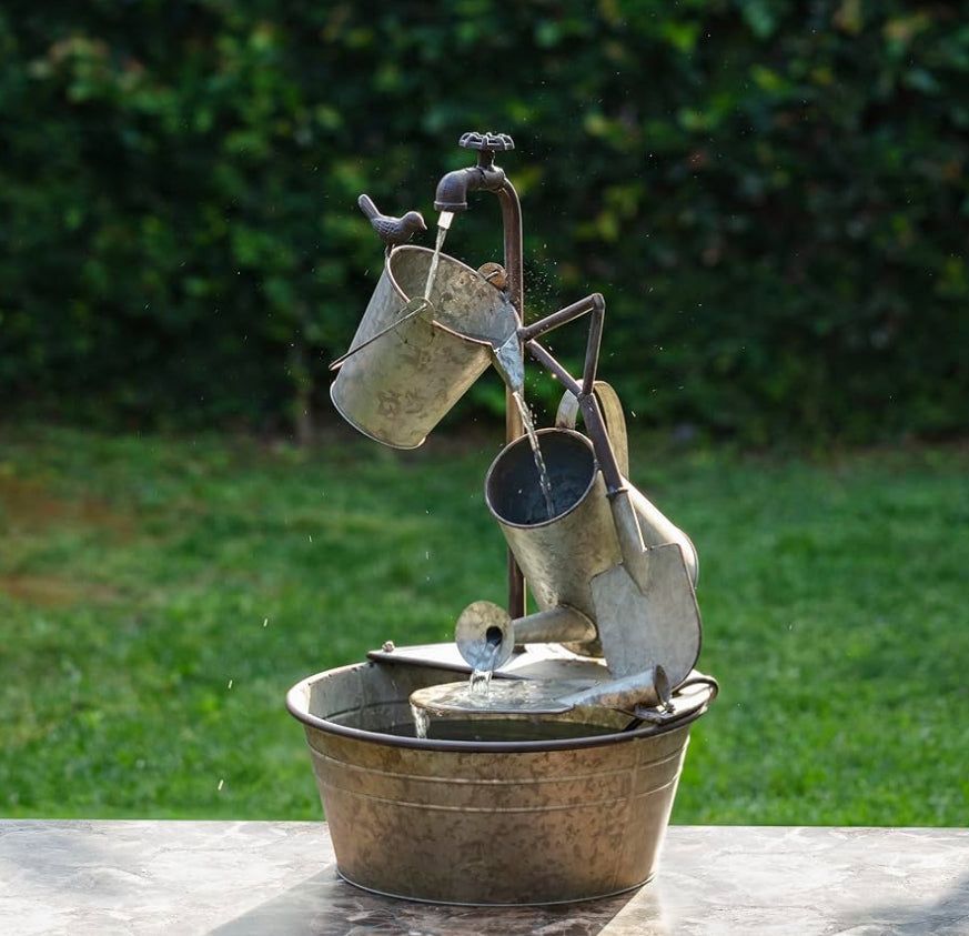 Outdoor Floor 3-Tiered Metal Garden Tools Water Fountain, Tools and Faucet Waterfall, 28", Gray