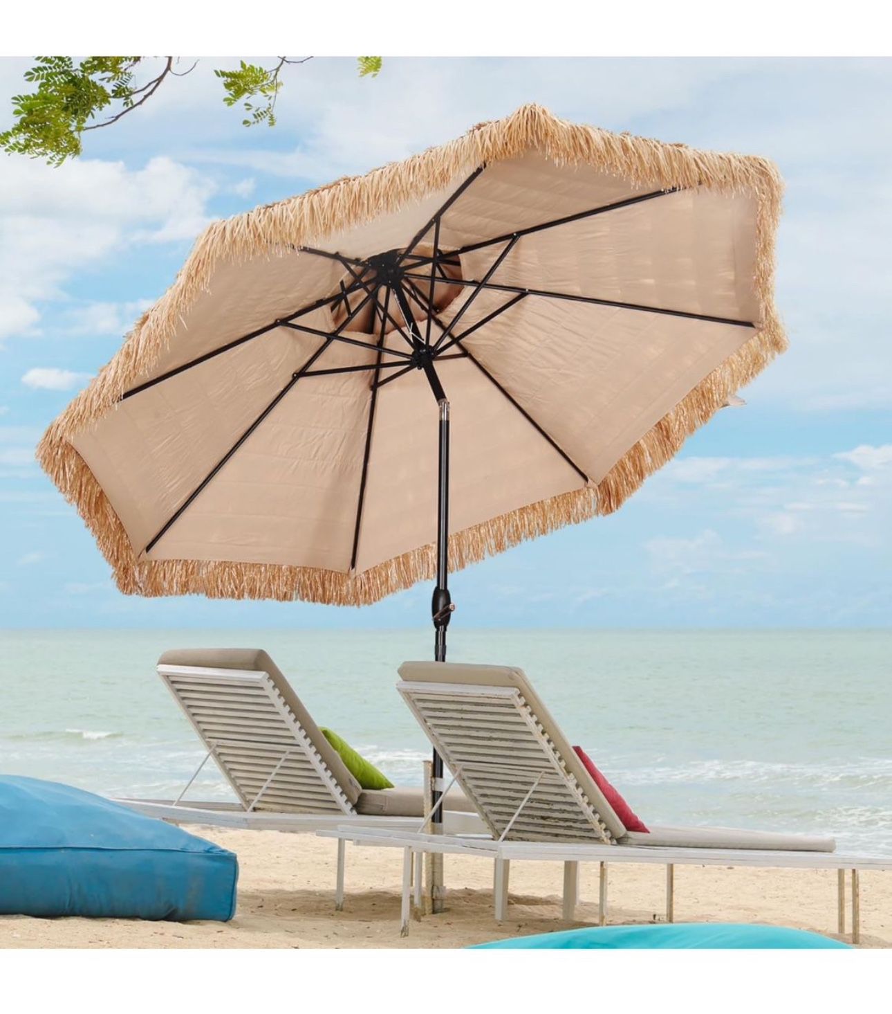 10FT Double Top Thatched Patio Umbrella Outdoor Tiki Umbrella w/wo LED Lights, Without base
