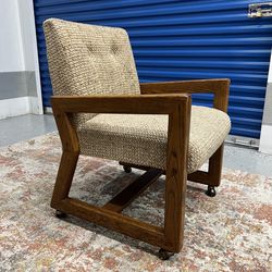Vintage Mid Century Modern Tweed / Wooden Rolling Arm Chair Gold Caster Wheels