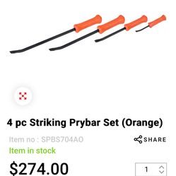 Snap-on SPBS704AO 4-Piece Striking Prybar Set Heavy Duty Orange Handle USA Made