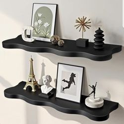 Black Floating Shelves for Wall Mounted 24 Inch Modern Pine Solid Wood Wave Live Edge Set of 2 