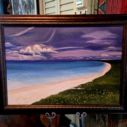 Vintage Seascape Beach Oil Painting On Canvas Signed By Mildred de Rouge Antique Frame 31"×41"