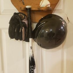Wood Baseball Display Hanging Shelf T-ball Bat Glove Ball Hat