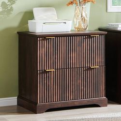 2 Drawer File Cabinet with Charging Station, 30" Fluted Lateral File Cabinet w/Files Hanging Rod for Letter/Legal/A4, Large Tabletop for Printer, Offi