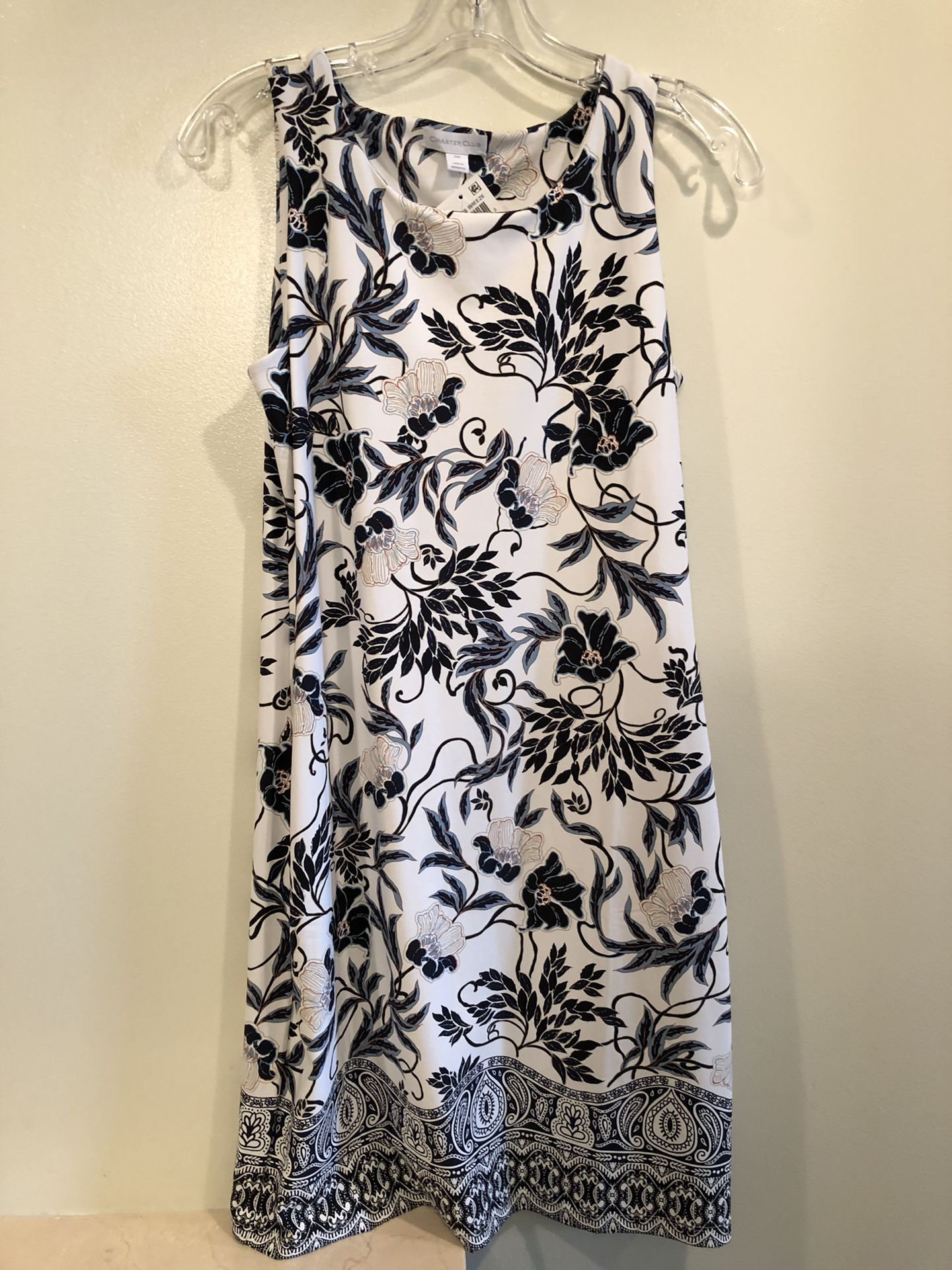 NWT CHARTER CLUB Career Summer Dress White Blue Floral Print Sleeveless Size Petite Medium. Condition is New with tags. Wash and wear, polyester. Smo