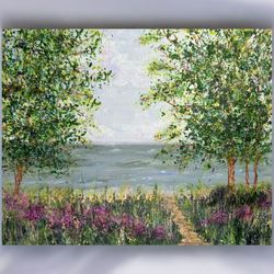 Original 8"x10" Acrylic Coastal Landscape Painting "Trees By The Sea" 