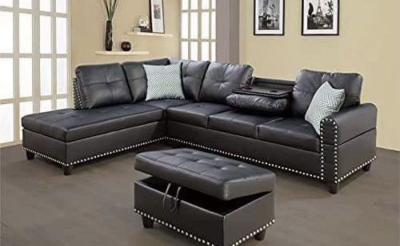 Black Leather Sectional Couch With Drop Down Table