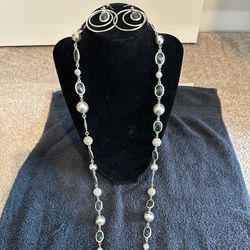 Liz Claiborne Long Silver and Light Blue Necklace and Earrings Set (36-38 In)