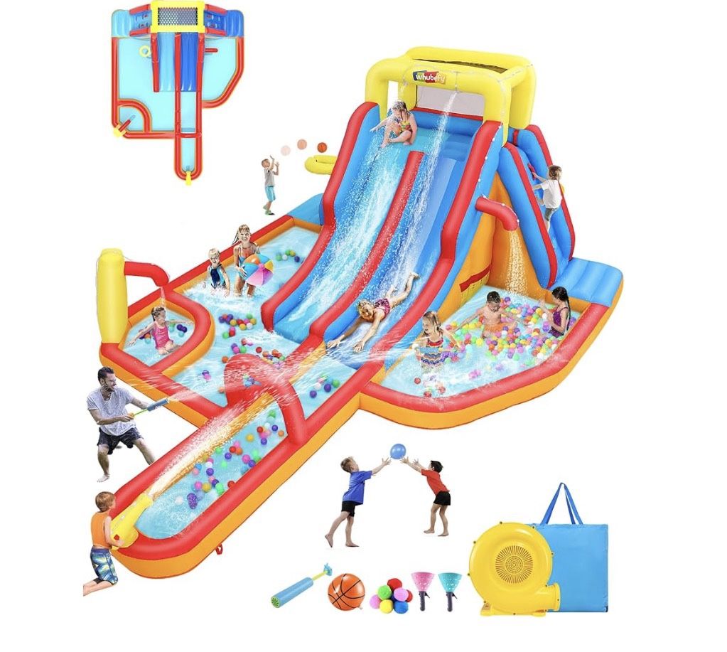 #5201-Whubefy Extra Large Inflatable Water Slide, 18X14 Ft Bounce House Waterslide for Kids 3-12 with Extra Long Slides, Splash Pool, Blow Up Water Sl
