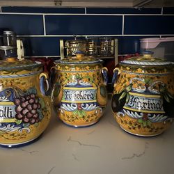 Hand-Painted Italian Ceramic Biscotti Jars – Set of 3, Tuscan Majolica Style