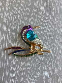 Golden Green & Purple Enameled Woodpecker Brooch W/ A Turquoise Faux Crystal & White Rhinestones
