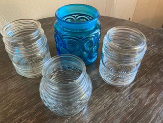 4ea Retro Glass Decorative Jar & Outdoor Light Covers. Includes Blue Vintage 5" Canister & 3 Clear 3" Fitter Light Globes Diamond & Ribbed Patterns* A