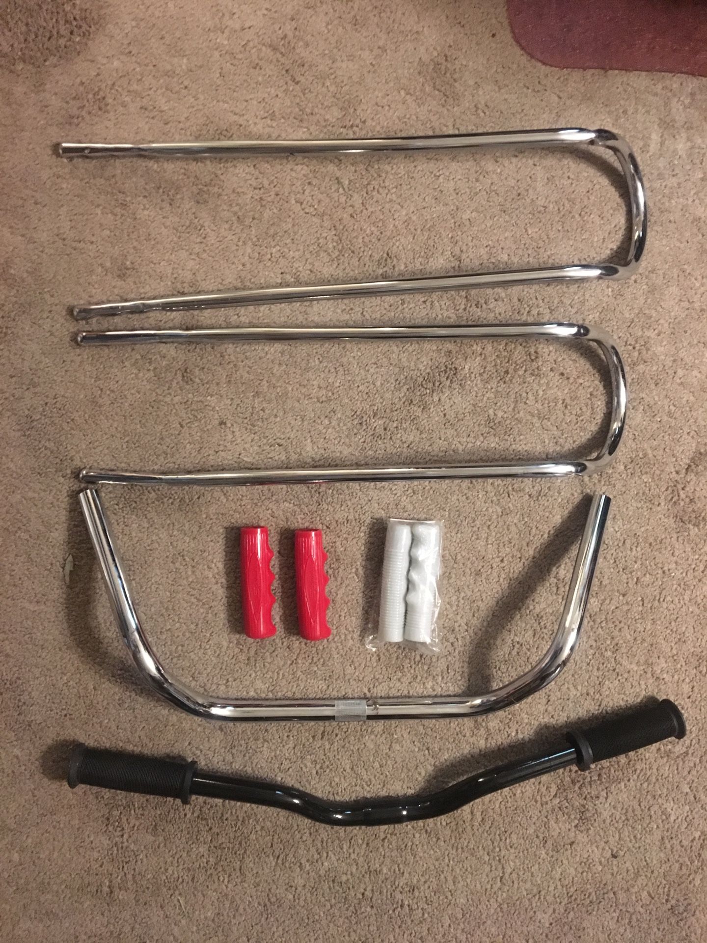 Schwinn NOS Red Grips $65 - White Sparkle Grips - $25 - Chrome Handlebars $20 - Sissy bars $20 each - Black BMX / Road Bike Handle Bars $20