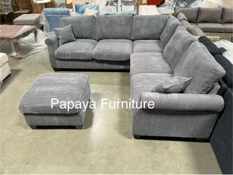 New! Dark Grey Sectional Sofa And Ottoman, Sectionals, Sofa, Couch, Plush Sectional, High Back Couch, Sofas, Grey Sectional, Grey Sofa, Grey Couch