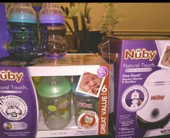 9 Nuby Bottles & Nuby Bottle Warmer