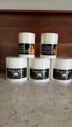 5 New White Unscented Pillar Candles