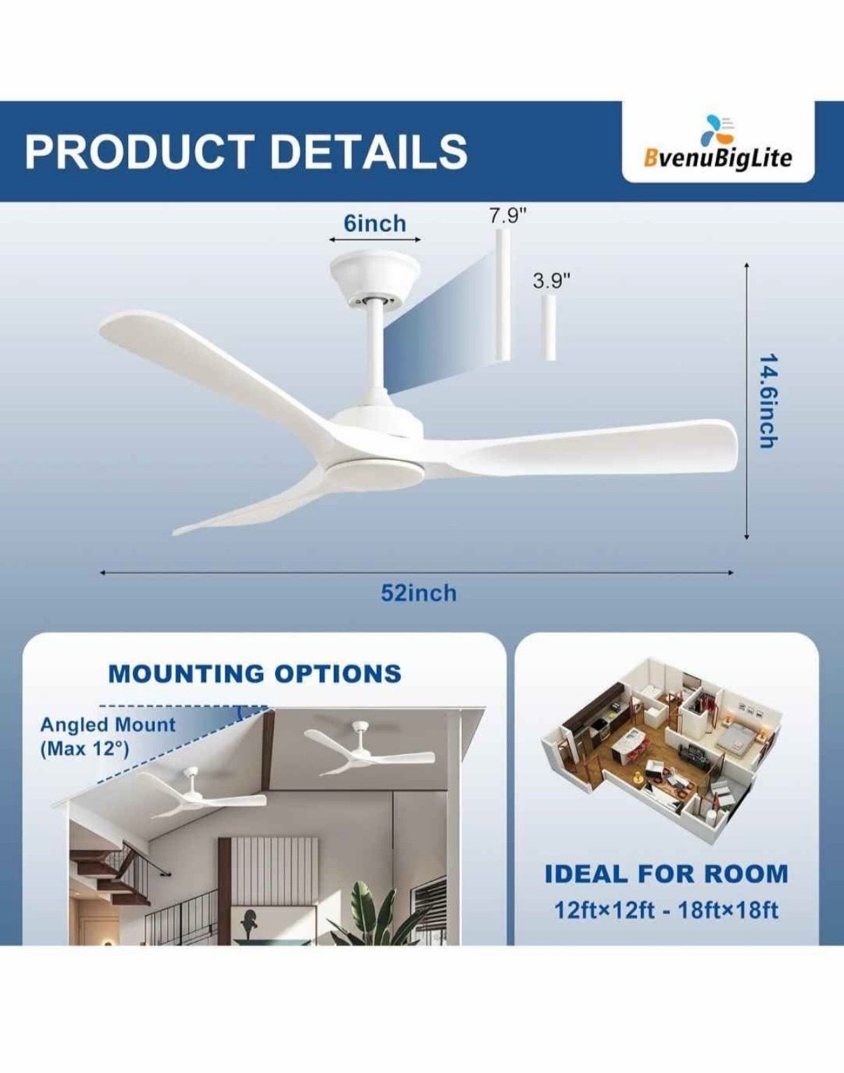 Ceiling Fan Without Light: 52 Inch