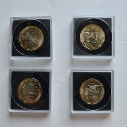 SET OF 4 MEXICAN FIFA WORID CUP COMMEMORATIVE 20 PESO COINS INDIVIDUALLY CASED
