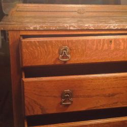 Antique 3 Drawer Side Table With Marble Top