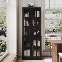 71"H Tall Pantry Cabinet,Storage Cabinet with 4 Glass Doors and Shelves,5 Tier Display Cabinets for Living Room,Dining Room,Black(B)