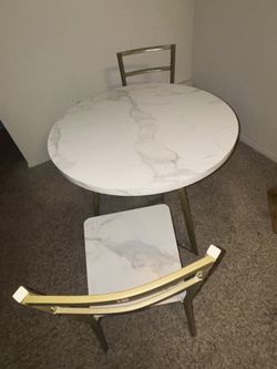 Marble and Gold Dining Table and Two Chairs