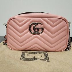 Gucci Marmont Camera Bag Small Pink With Silver Hardware