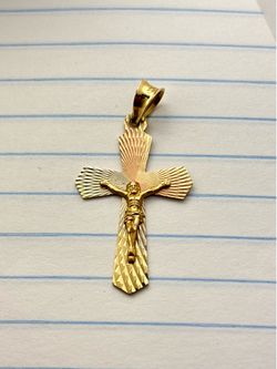 14K Yellow Gold Crucifix Cross Pendant Diamond Cut Sunburst INRI Charm 14Kt⁠
