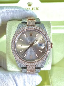 Rolex Oyster Perpetual DateJust 41 18K Everrose Rose Gold Stainless Steel DJ41 Pink Sundust Dial Pave Diamond Bust Down Iced Out Watch 126301