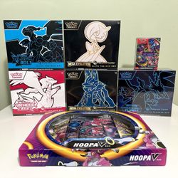 Pokemon Center ETB’s (Black Bolt White Flare, Mega Evolution Base, Phantasmal Flames) + Hoopa V Box