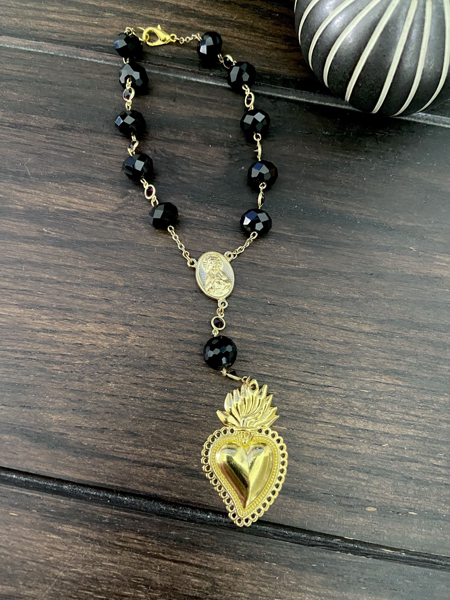 Sacred Heart Rosary Car New Black Crystals
