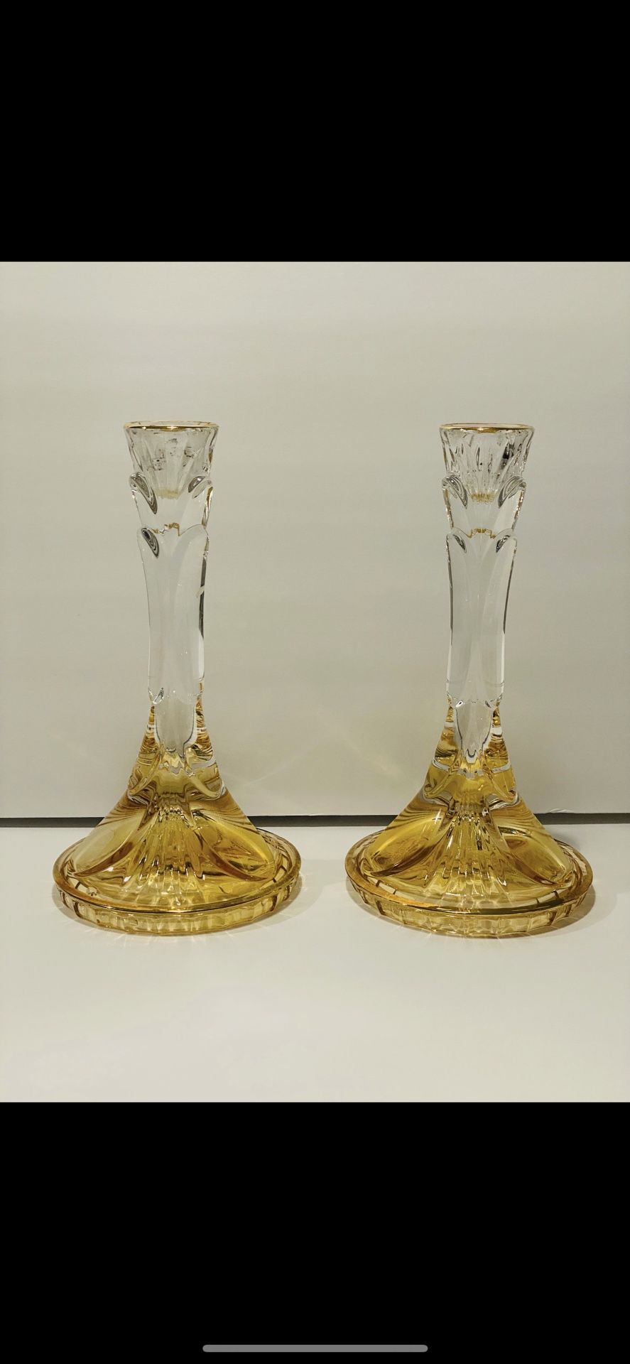 Vintage SC Made in Italy Crystal Candle Holders Set of 2 Gold Trim 8.25” .