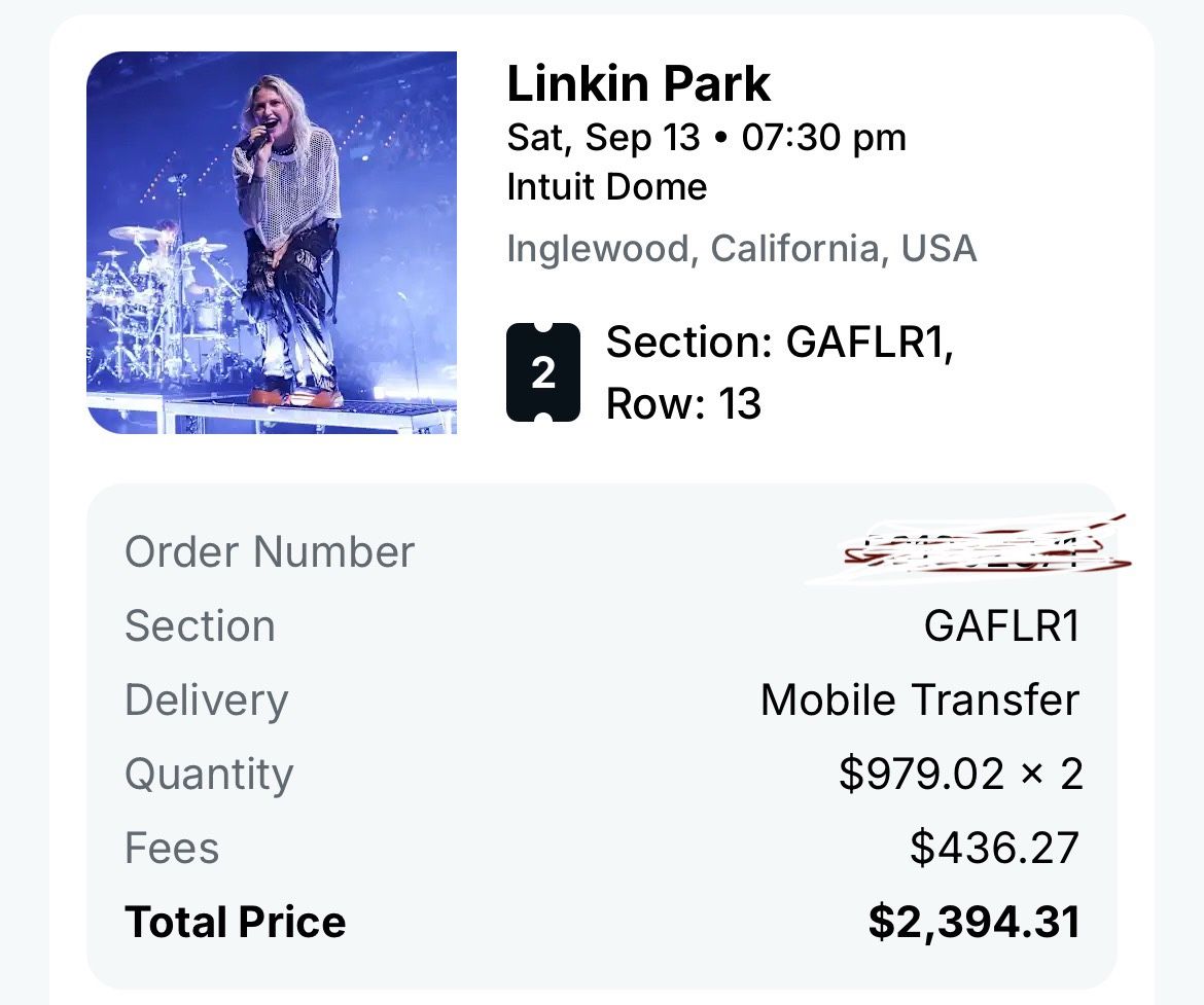LINKIN PARK TICKETS INTUIT DOME FLOOR PASSES