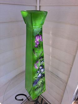 Beautiful 22" Solid Green Glass Charlene Galovich Hand Painted Vase
