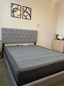 Gray Upholstered Platform Bed Frame w/ Tufted Headboard – Queen