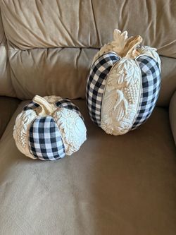 Set of 2 Valerie Parr Hill Buffalo Plaid Resin Harvest Pumpkins with Vegetable Carvings