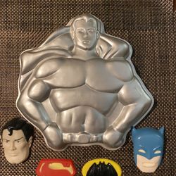 Vintage 1977 Superman and Batman with face cake pan.