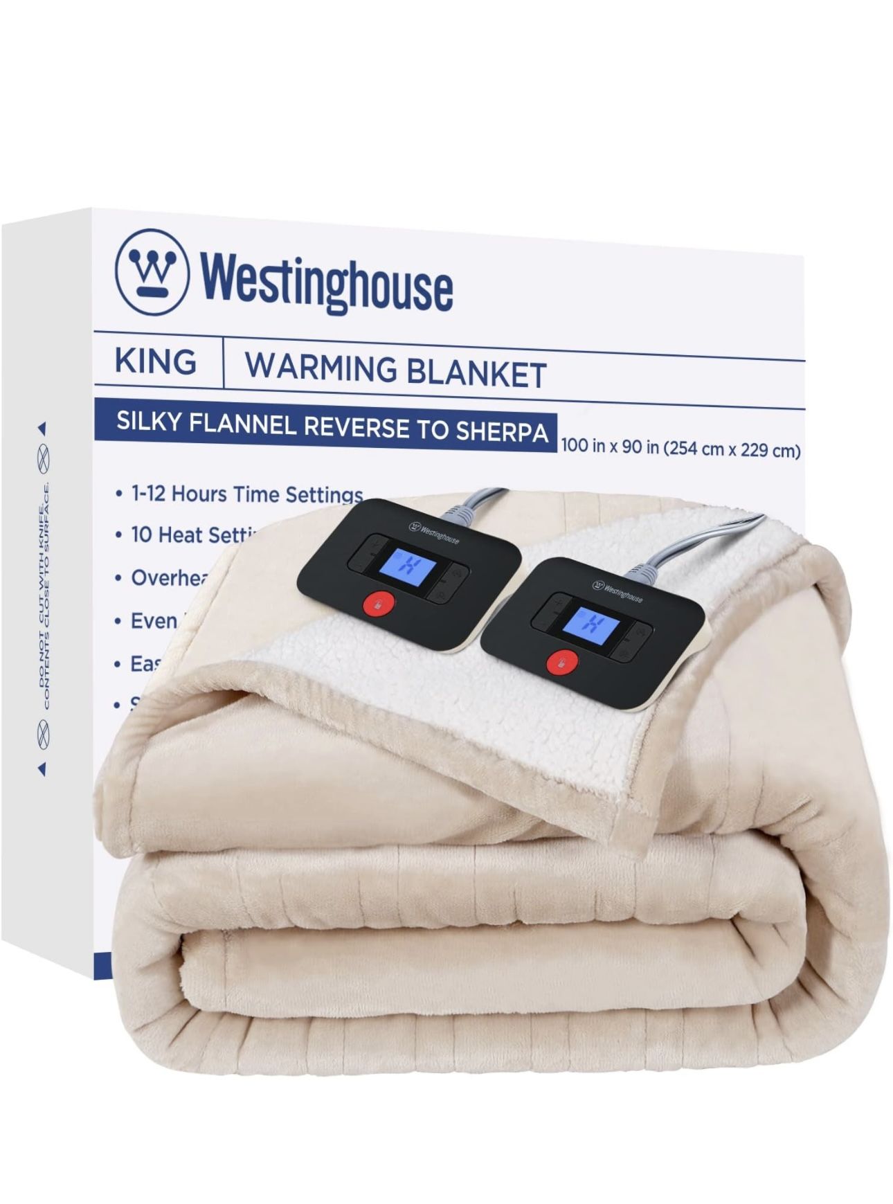 Westinghouse Electric Blanket Heated Blanket | 10 Heating Levels & 1 to 12 Hours Heating Time Settings | Flannel to Sherpa Reversible 90x100 King Size