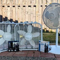 Three Lasko Fans (2 Box Fans, One Pedestal Fan)