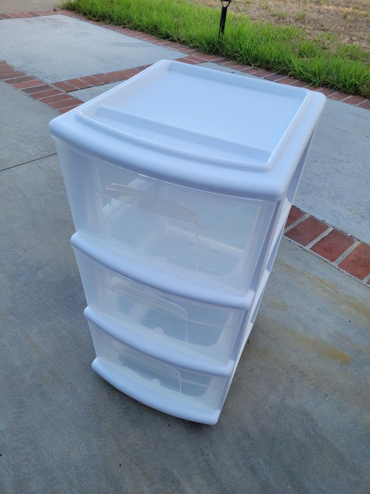 Homz 3 Drawer White Plastic Storage Cabinet Unit With Casters Wheels On Bottom
