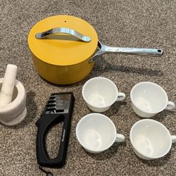 Caraway Saucepan, Marble Mortar, 4 Pyrex Cups, BROOKSTONE 4-in-1 Knife & Shear Sharpener