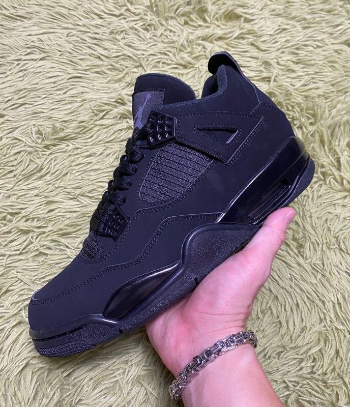 Jordan Air Jordan 4 Black Cat Leather Upper Mid-Cut Retro Basketball Shoe for Men - Black