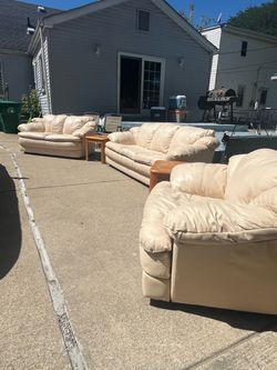 3-Piece Cream Leather Living Room Set – Sofa, Loveseat & Chair – Free Delivery