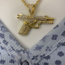Necklace With Gun Pendant, Gold Plated, White Crystals