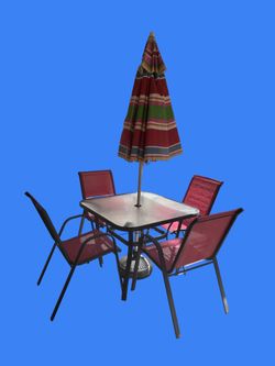 Outdoor glass table, chairs and umbrella set
