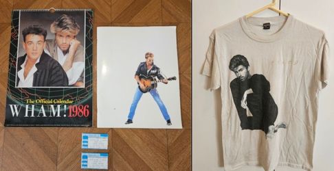 George Michael Memorabilia: Calendar; The Faith Tour Concert Program, T-Shirt and Ticket Stubs